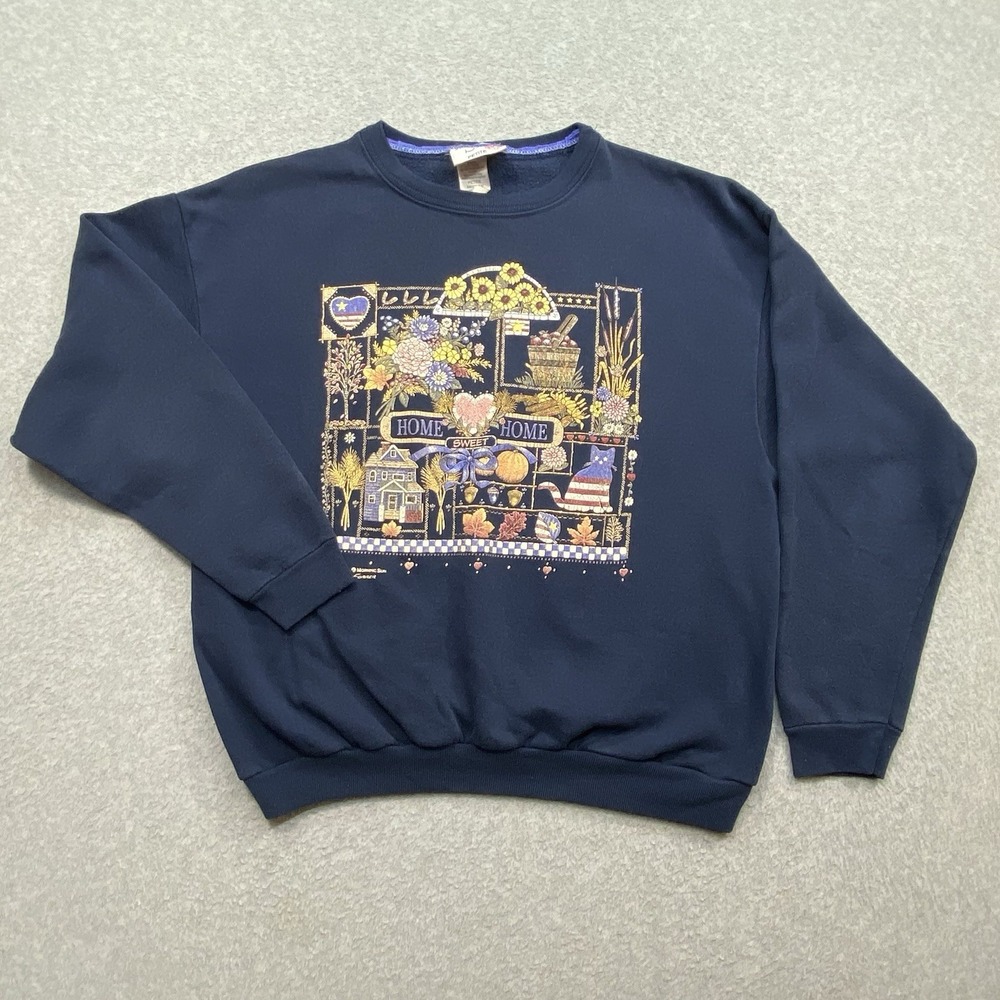 Morning Sun Home Sweet Home Sweatshirt Sz M Womens Navy Blue Vintage Americana